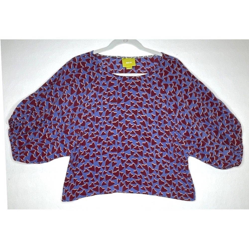 Maeve Women Top Silk Heart Print Puff Sleeve Cropped Medium Blue Burgundy